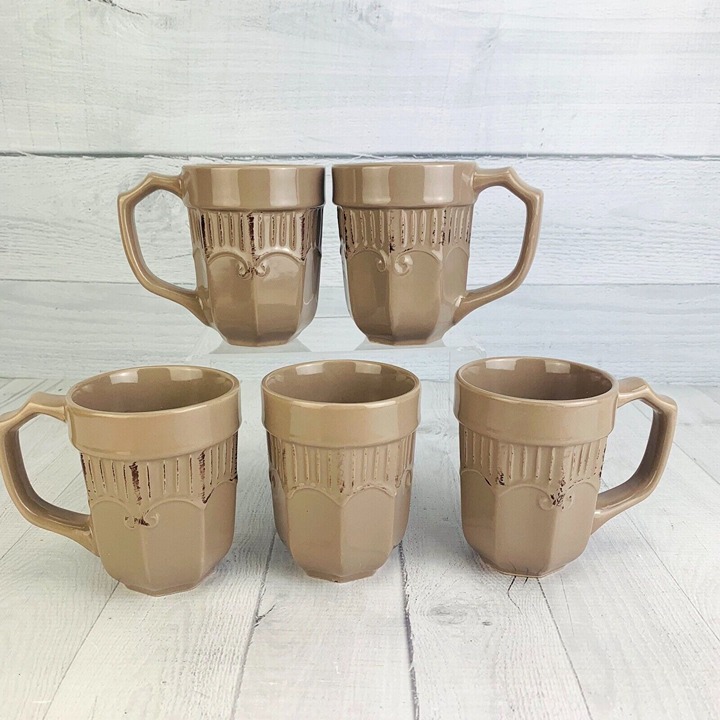 Gibson Design HAVENWOOD Antique Brown Taupe Embossed Scrolls Cups Mugs Set of 5