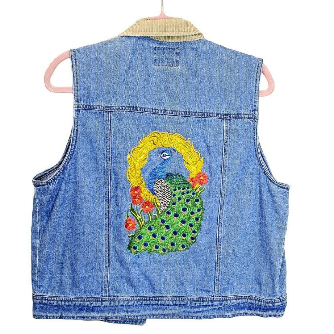 VTG Solutions Original Denim Vest Jacket Custom Embroidered Peacock Size L