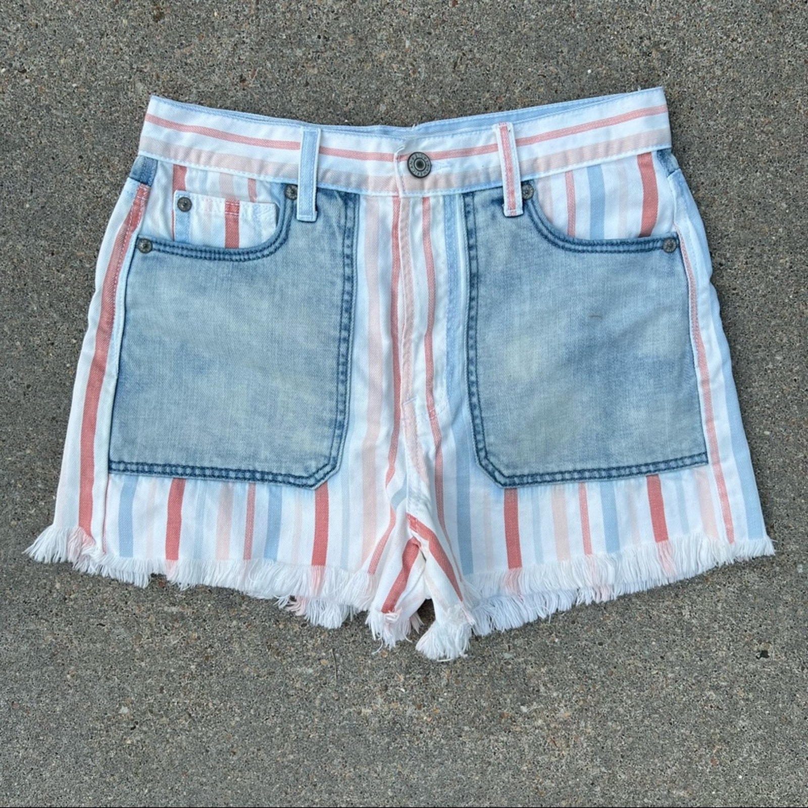 AEO Mom Shorts pastel stripe pink blue frayed hem jean shorts Size 2