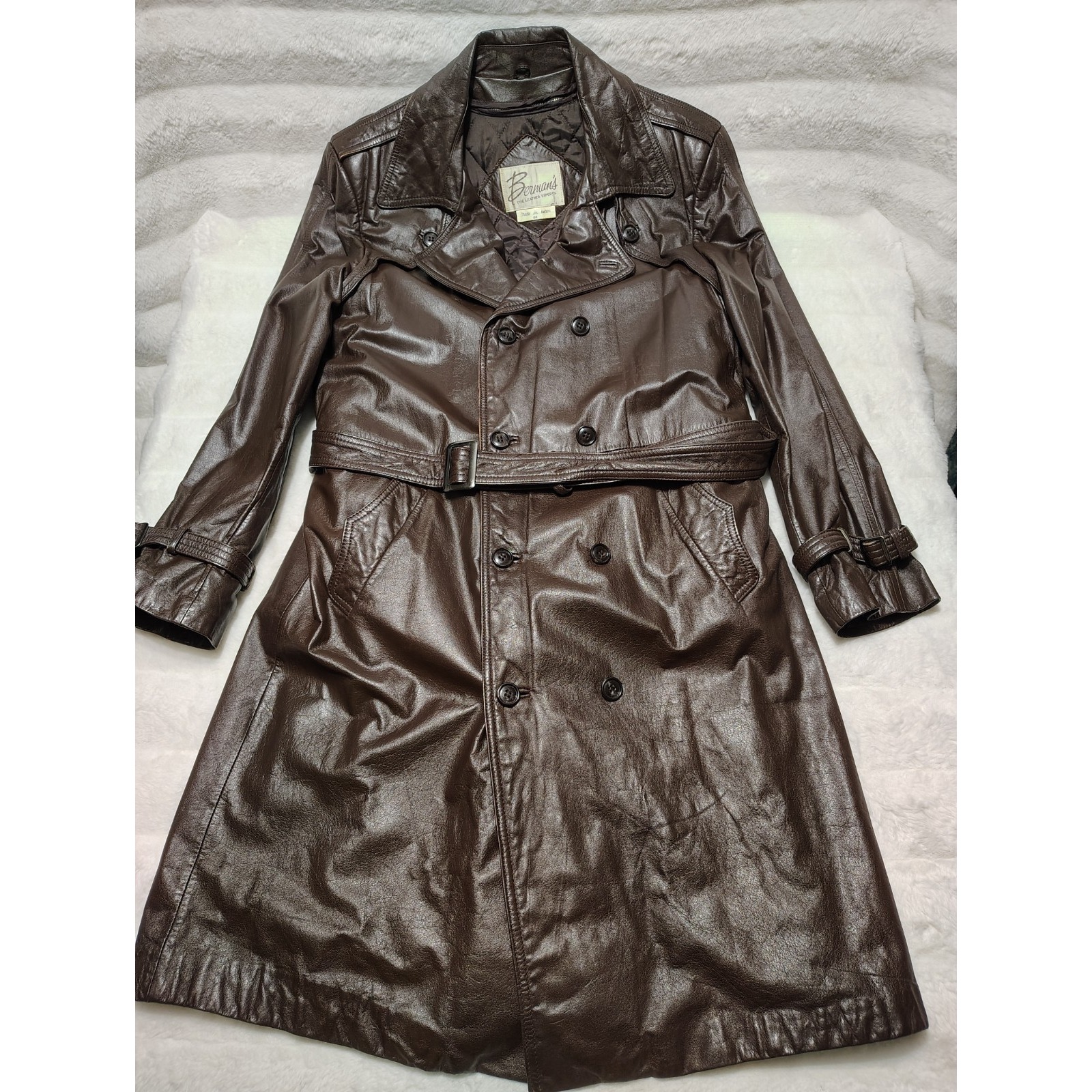 Vintage 80s Berman's Brown Genuine Leather Trench Coat Men Sz 44 Removable Liner