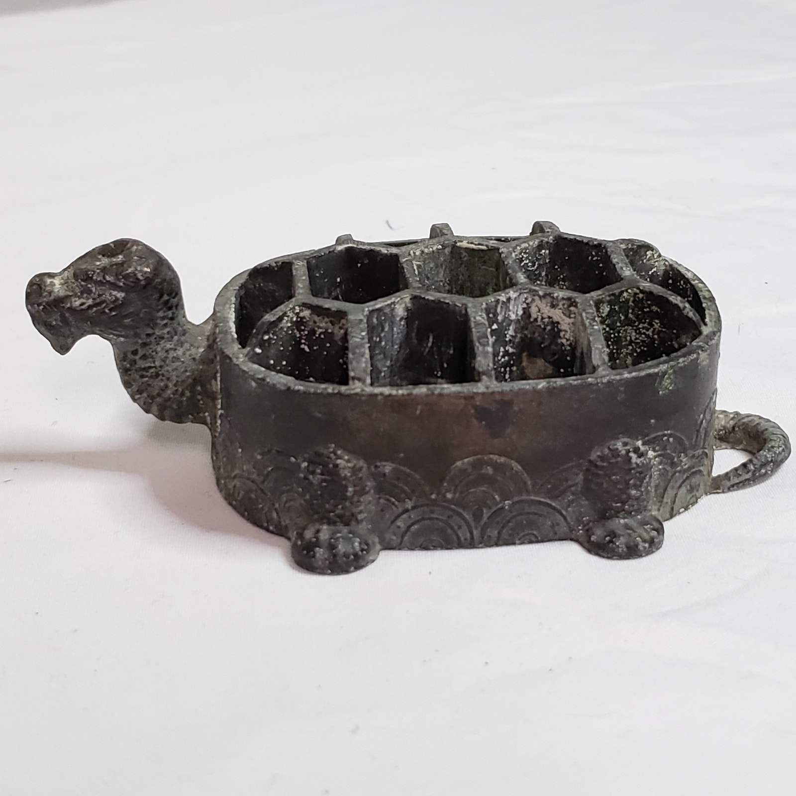Antique Japanese Dragon Flower Turtle Bronze Tone Metal Decor Traditional