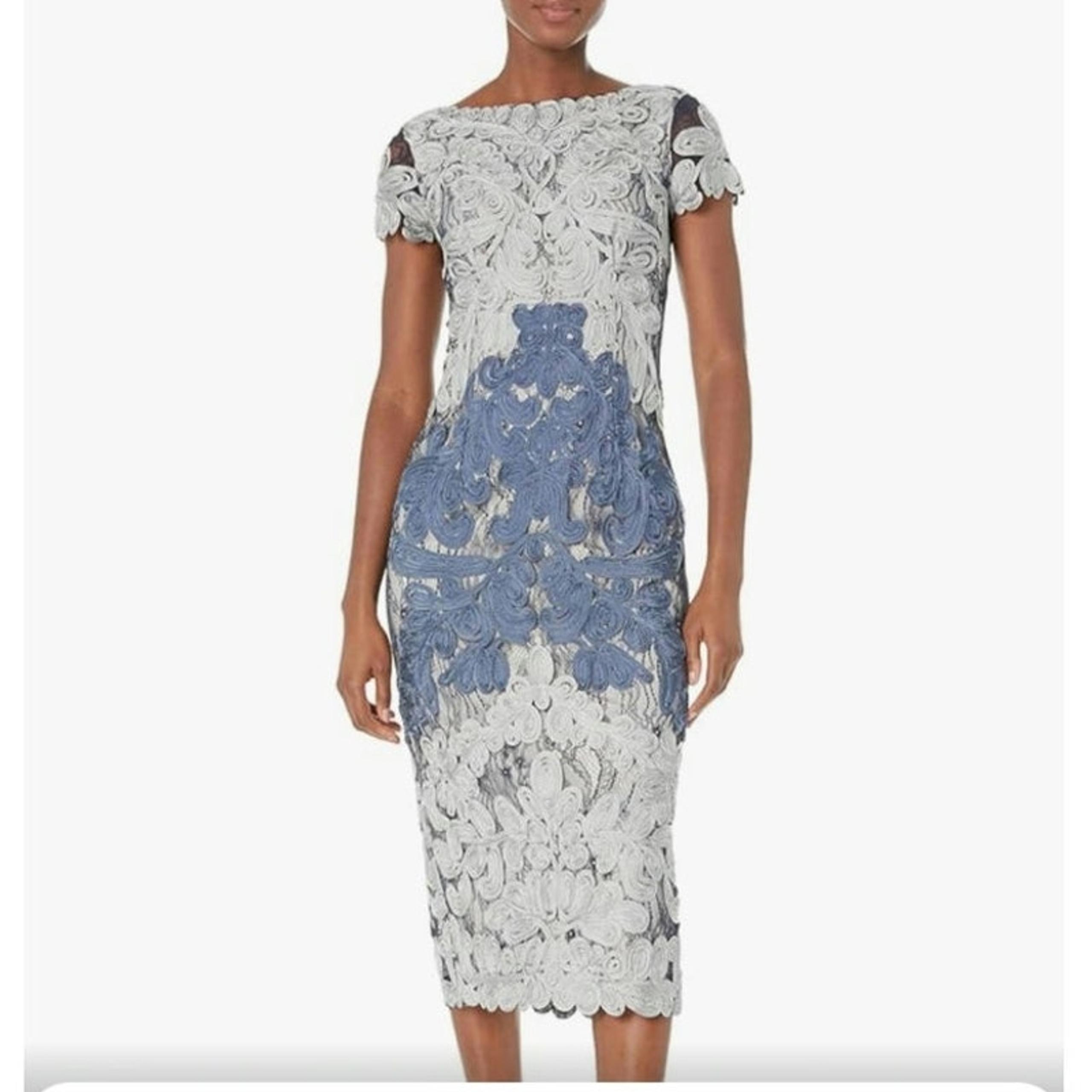 JS Collections Embroidered Ribbon Dress Size 12 Midi Blue Silver Shoet Sleeve