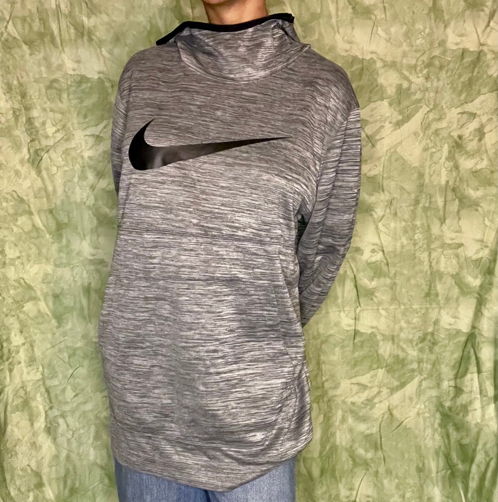 Grey Heathered Nike Dri-Fit Mockneck Hoodie With Big Black Check