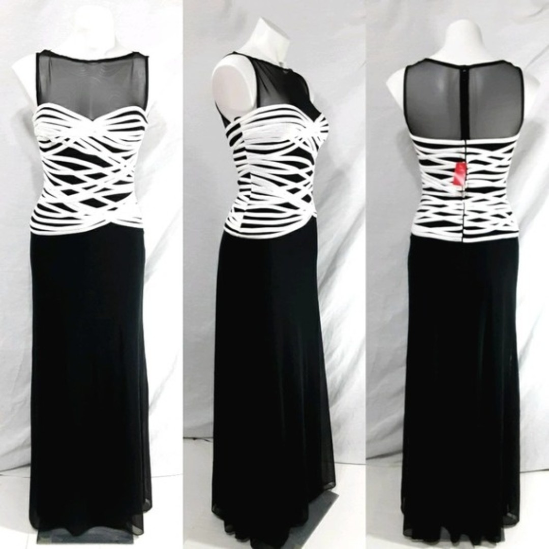NWT Tadashi Shoji Turnstyle Tatum White Stripe Bodice Long Gown Size 4