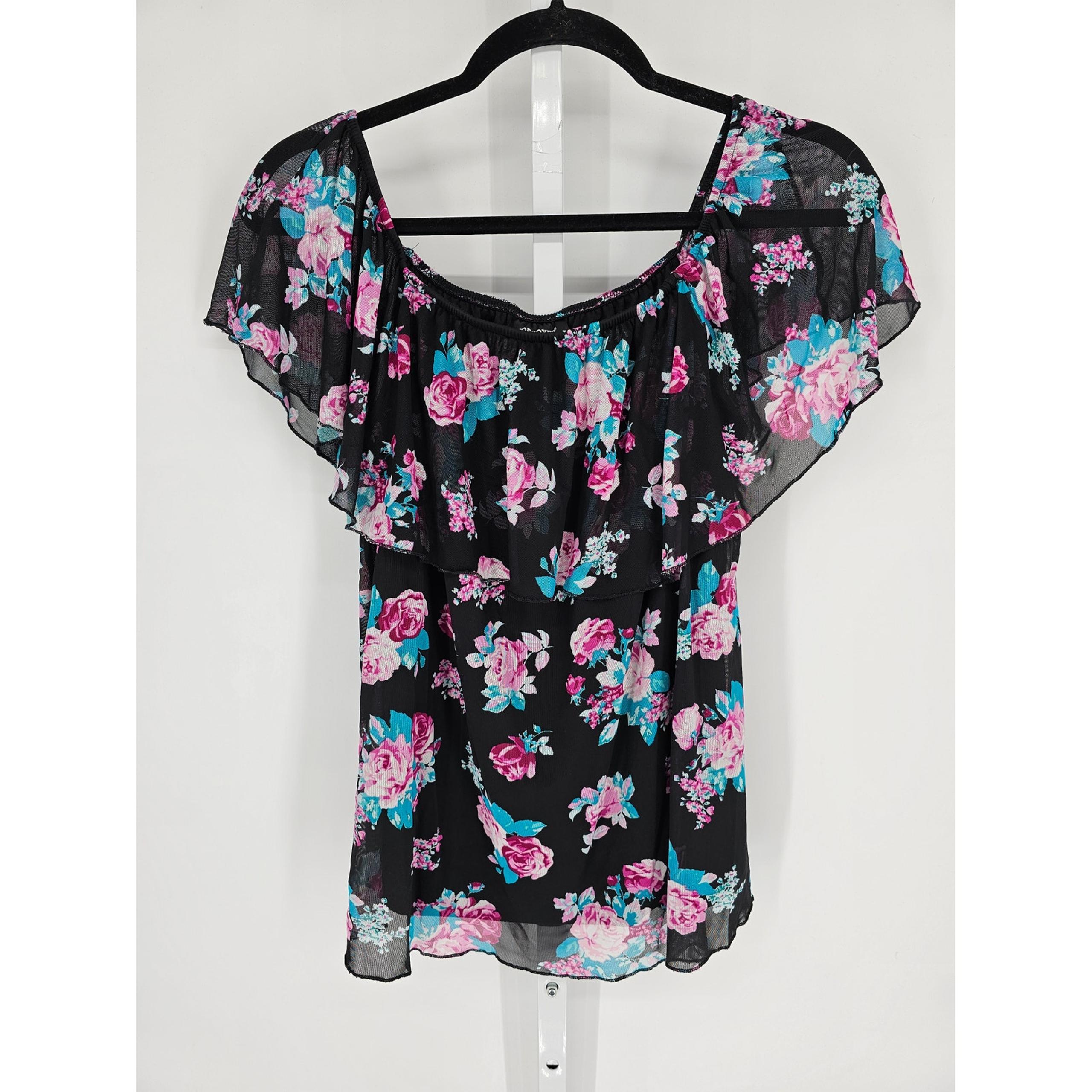 Y2K Women's Mesh Floral Black Short Sleeve Round Neck Top Size M - Joe Boxer