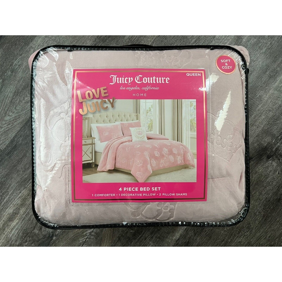 Juicy Couture Pink Monogram JC Gold 4pc QUEEN Comforter Pillow Set Soft & Cozy