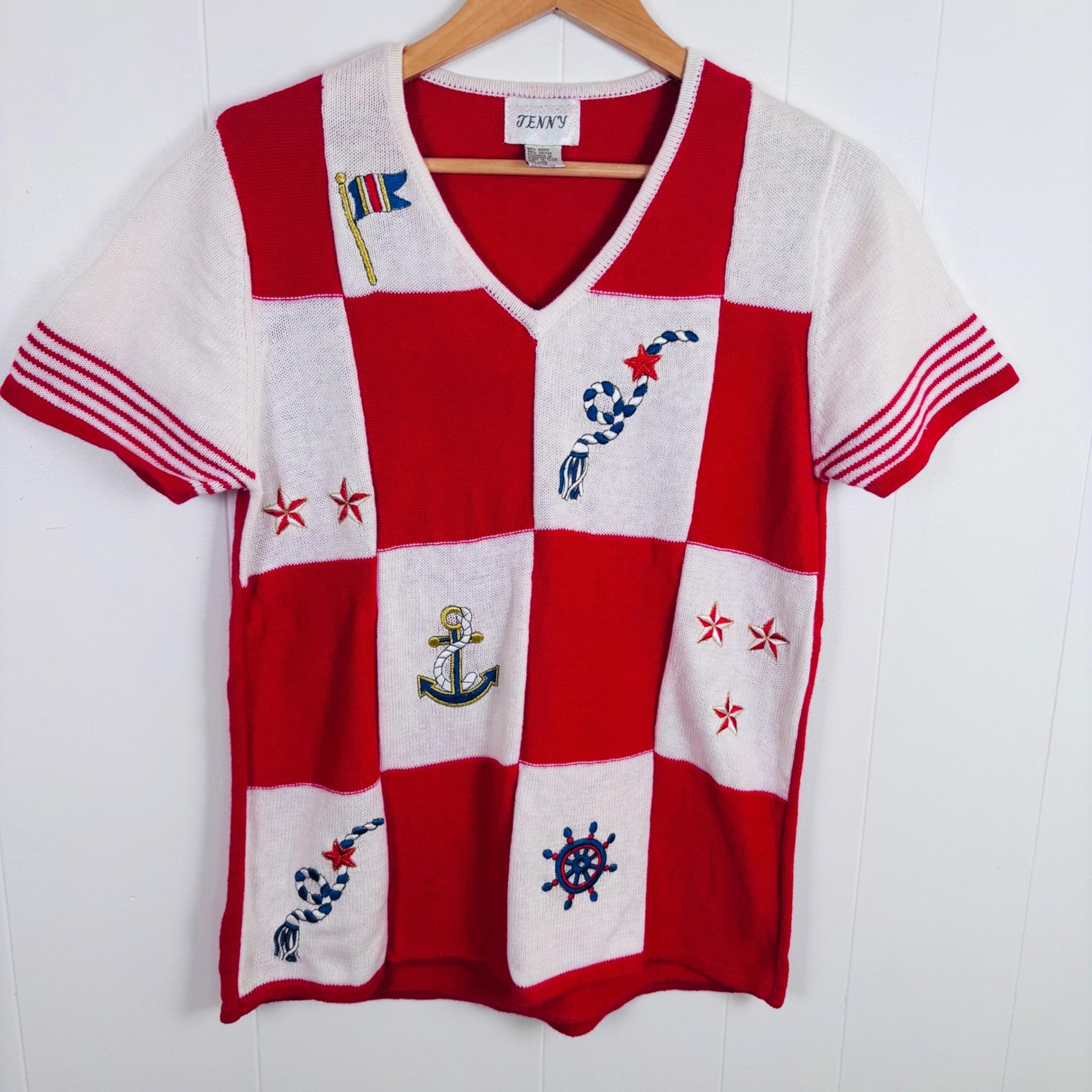 Vintage Jenny Nautical Knit Sweater Top Embroidered Anchor Red White Size Medium