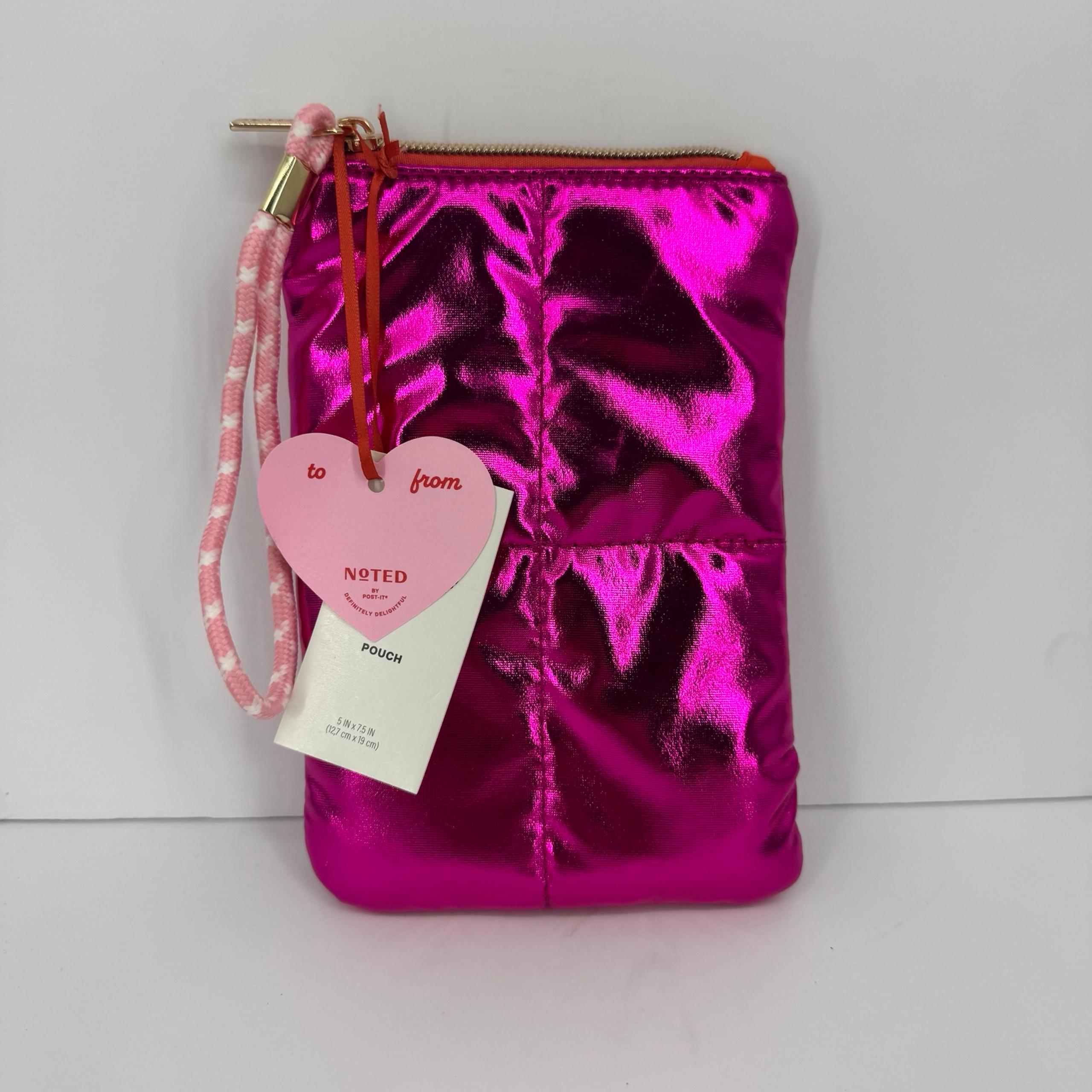 Noted by Post-it Valentine's Puffer Pen Pencil Pouch Metallic Pink NWT 5”x7”