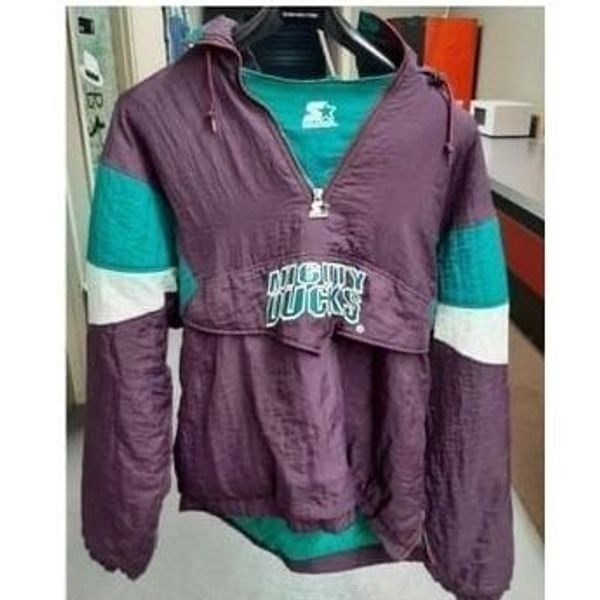 VINTAGE ANAHEIM MIGHTY DUCKS STARTER JACKET HOOD LARGE 1990