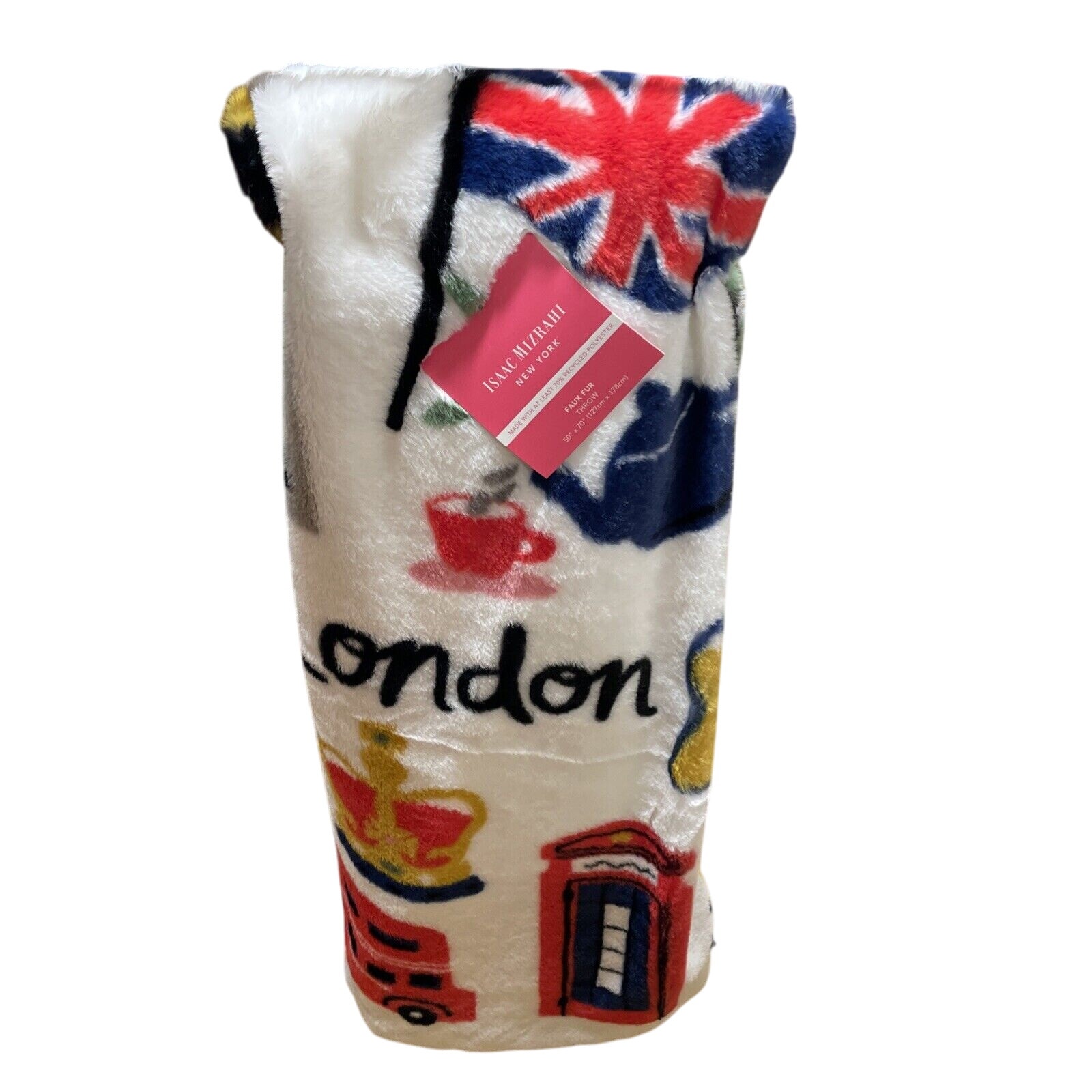 ISAAC MIZRAHI Faux Fur LONDON Icons Throw Blanket 50 x 70” NEW Luxury