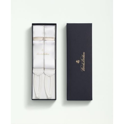 Brooks Brothers Solid White Suspenders Silk Tubular Straps Leather Trim USA NIB
