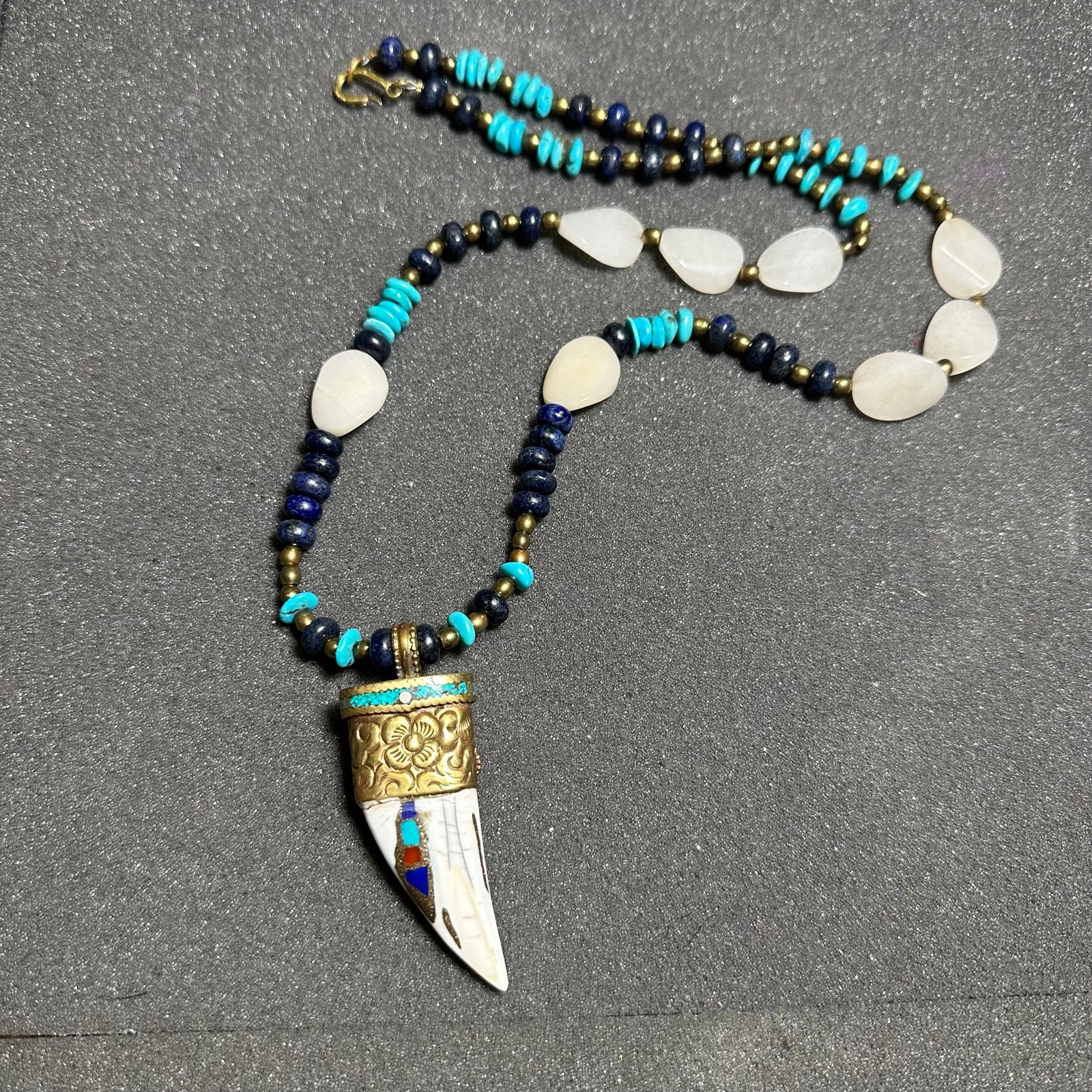 Boho South Western Style Large Inlaid Horn Pendant Turquoise Lapis Jasper Beads