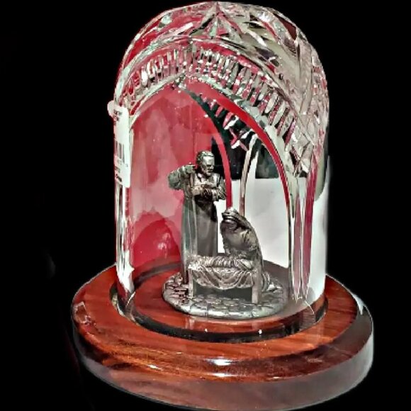 Rare Vintage WATERFORD CRYSTAL Nativity Holy Family Pewter Crystal Dome