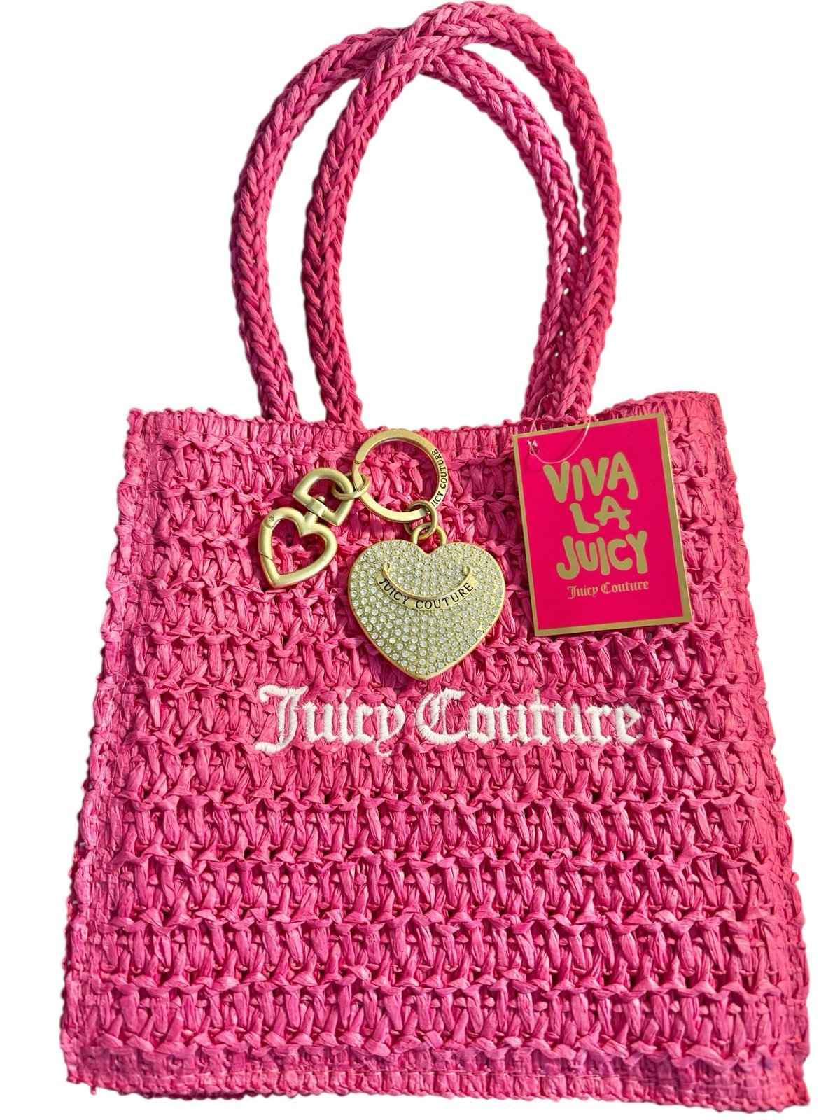 JUICY COUTURE DUO Bag Charm Crystal Heart Keychain Gold Tone with Hot Pink Tote
