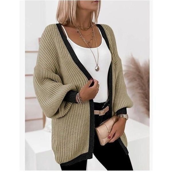 Ultra Soft Contrast Trim Lantern Sleeves Cardigan In Khaki