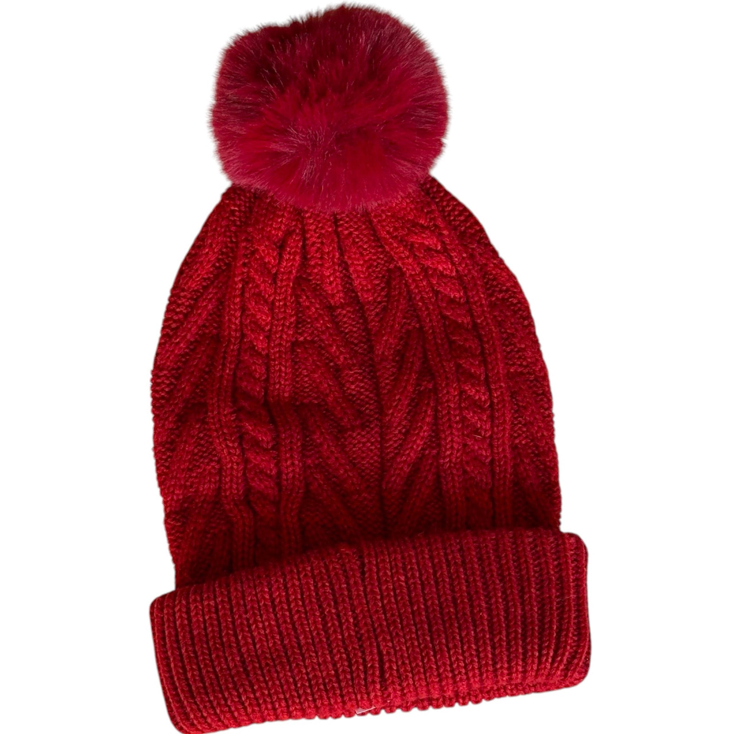 Women's Hat Red Knit Beanie Pom Pom
