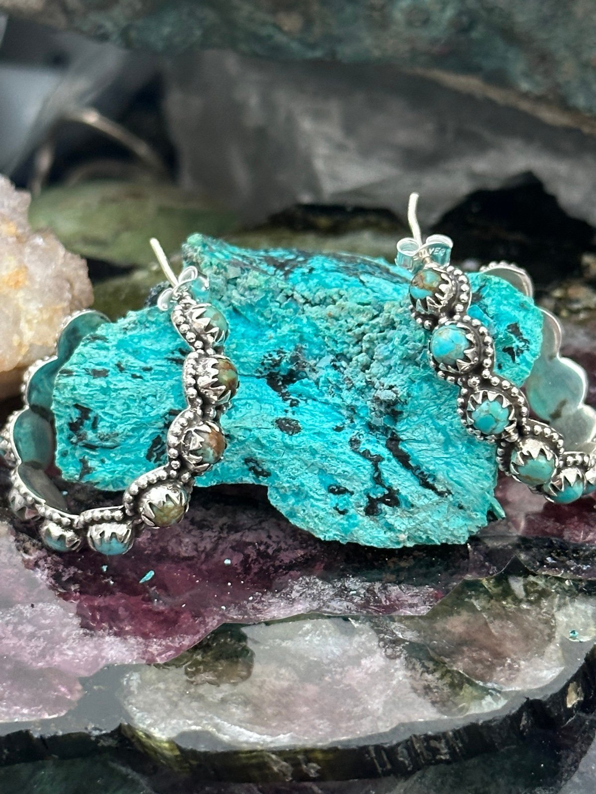 Turquoise perfect southwestern sterling silver 1.25 hoop earrings