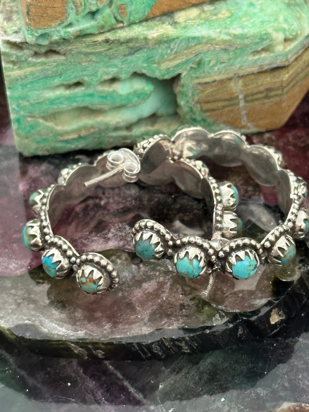 Turquoise perfect southwestern sterling silver 1.25 hoop earrings