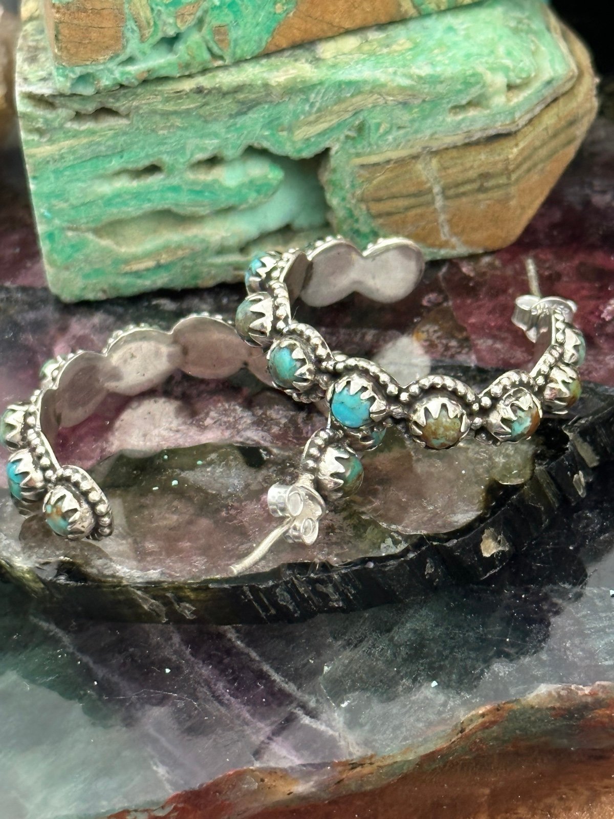 Turquoise perfect southwestern sterling silver 1.25 hoop earrings