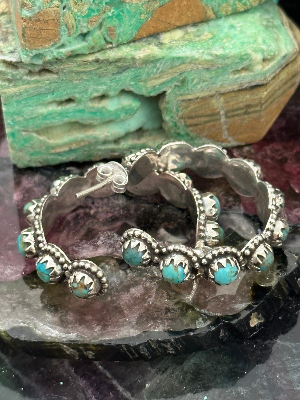 Turquoise perfect southwestern sterling silver 1.25 hoop earrings