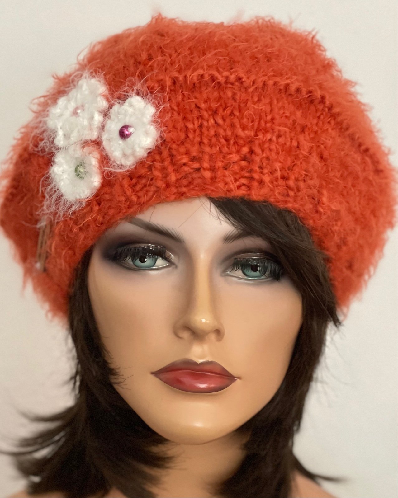 Hand Knits 2 Love Slouch Beanie Hat Cap Beret Flowers Beads Designer