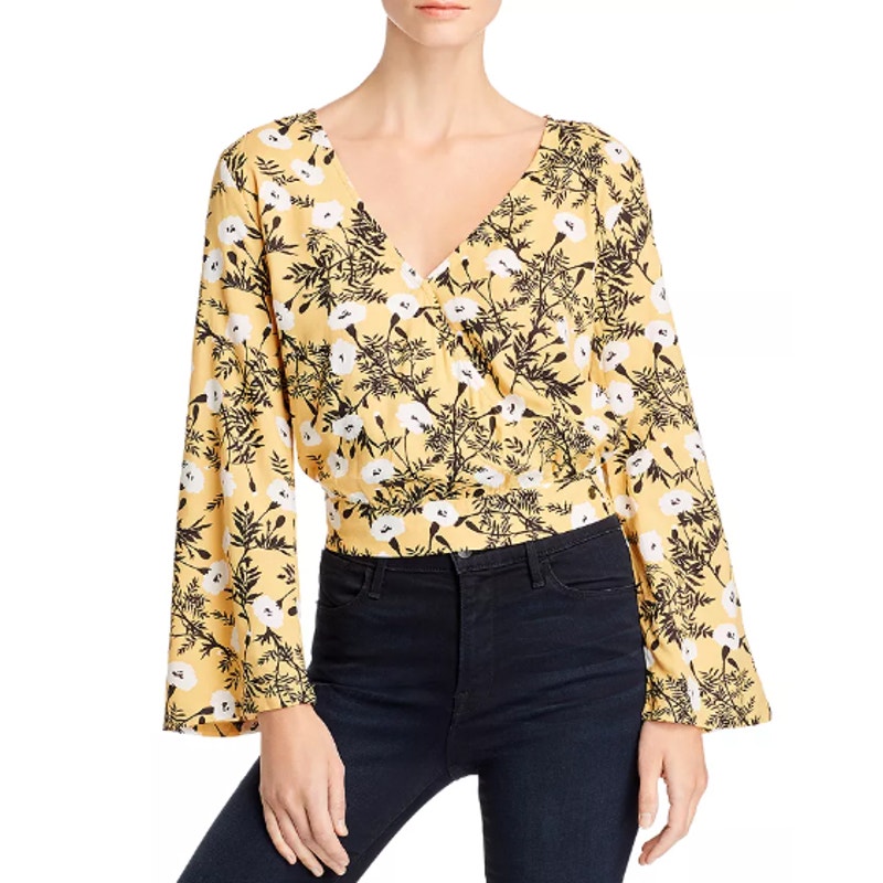 Roxy Top Womens Large Like Gold Faux Wrap Blouse Yellow Black Crop Long Sleeve