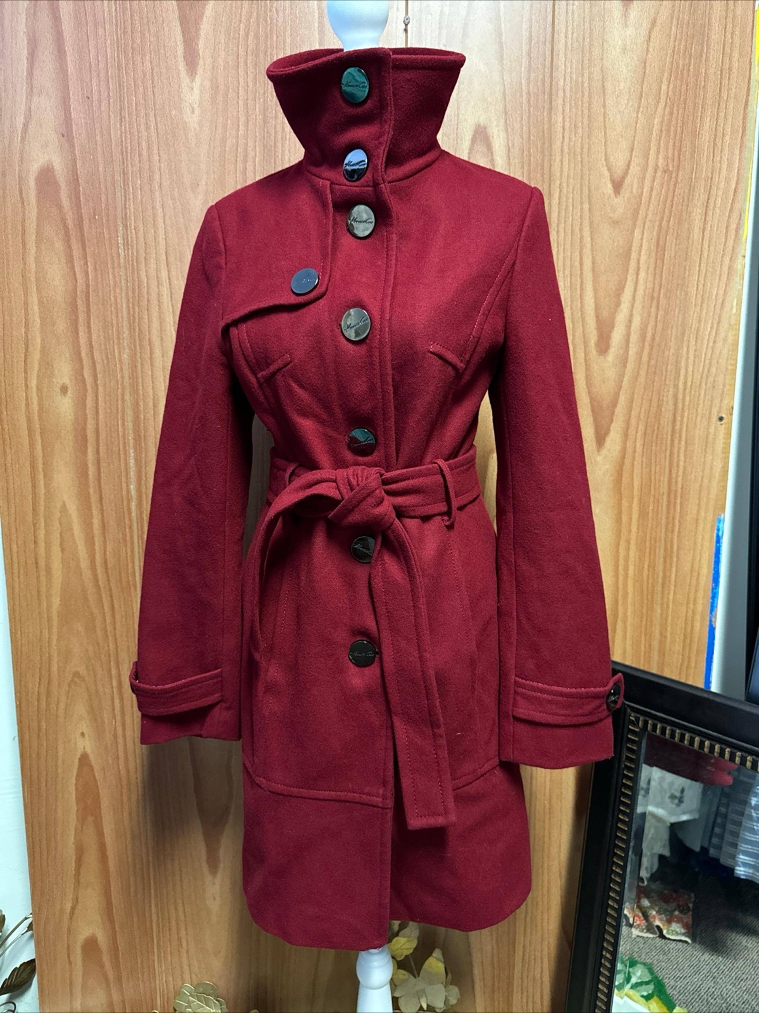 Kenneth Cole New York Red Wool Blend Pea Coat Size 2 Regular w/Belt Tie