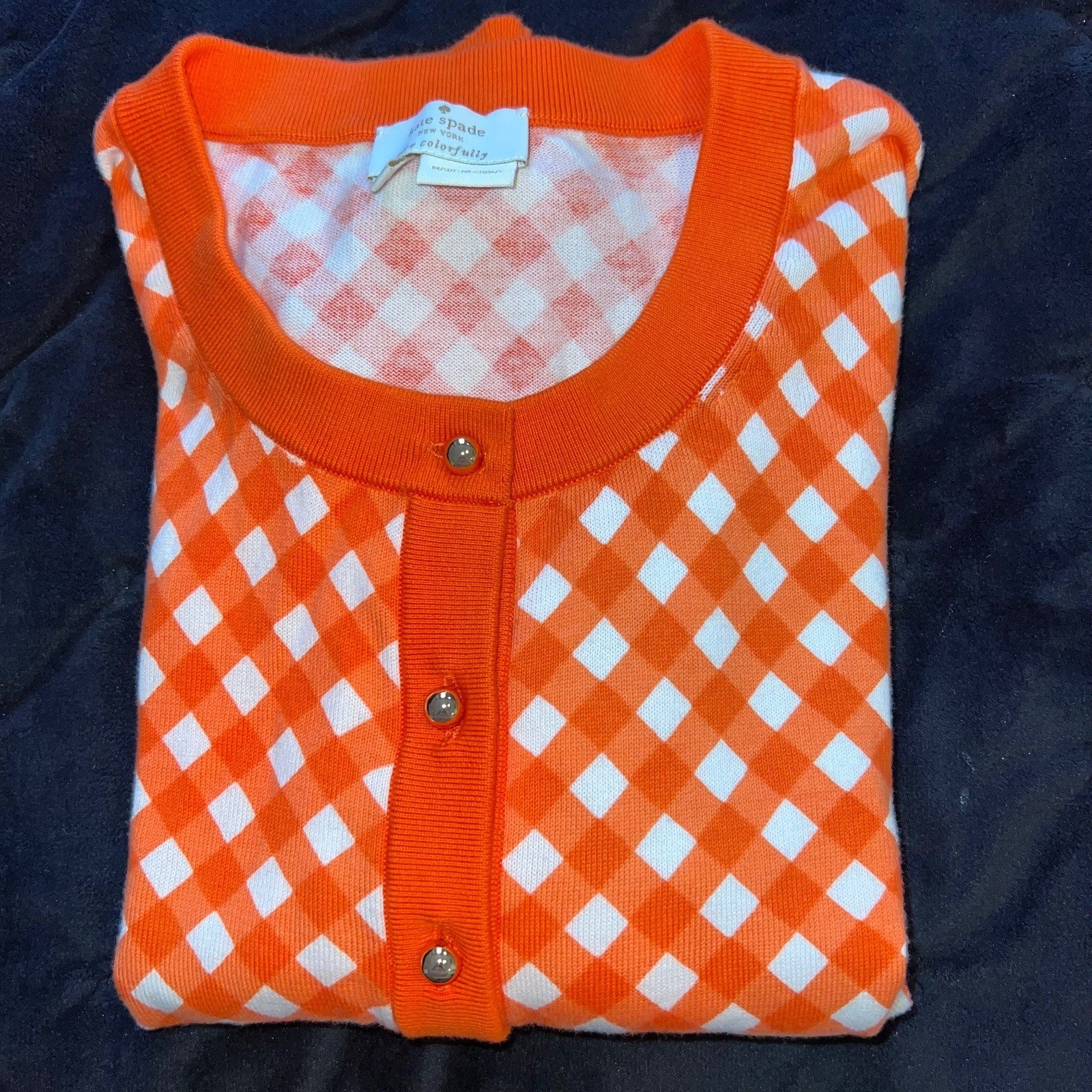 Kate Spade Gingham Cardigan Sweater Button Front Orange White Business Casual-S
