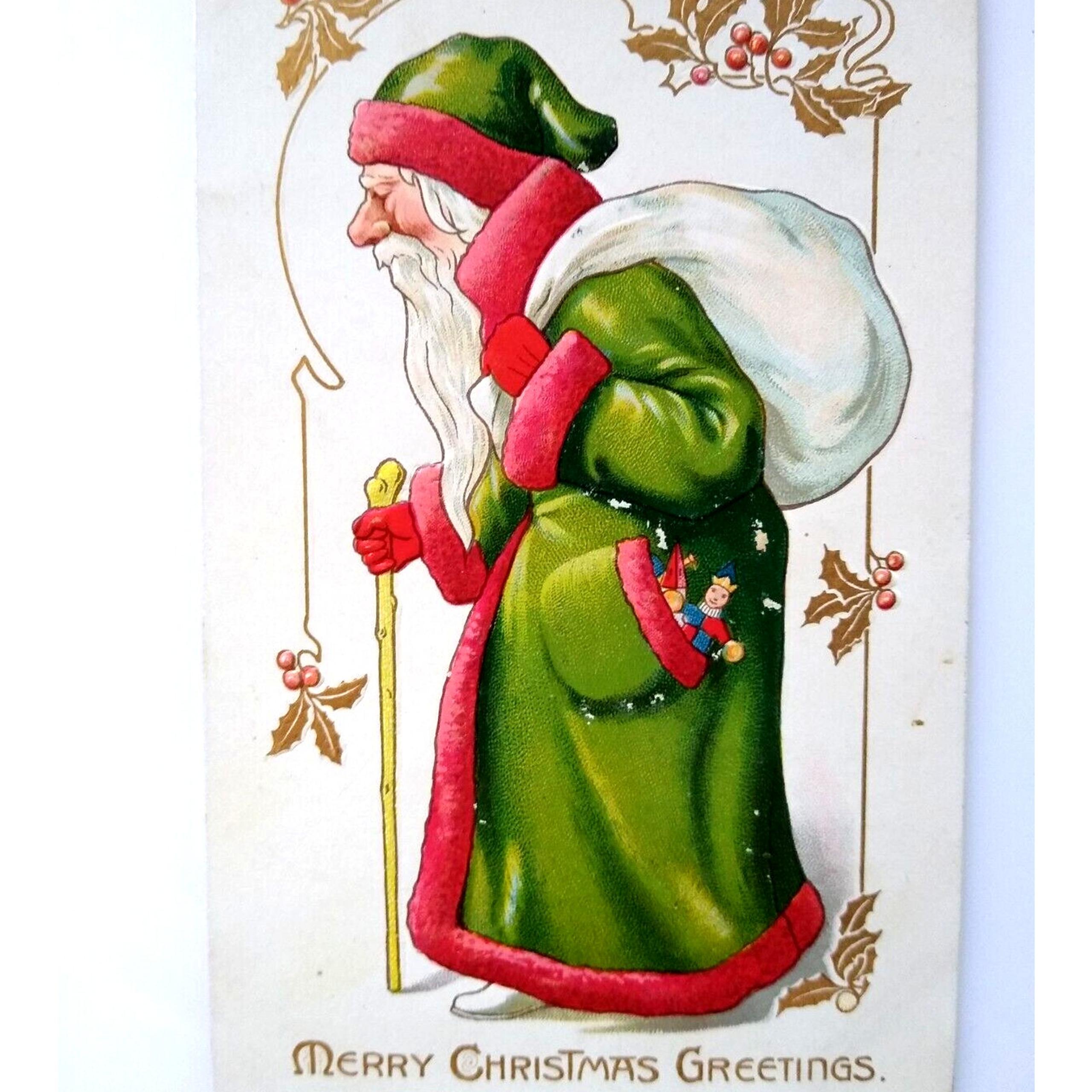 Santa Claus Christmas Postcard Tucks Old World Green Robe Coat Walking Stick