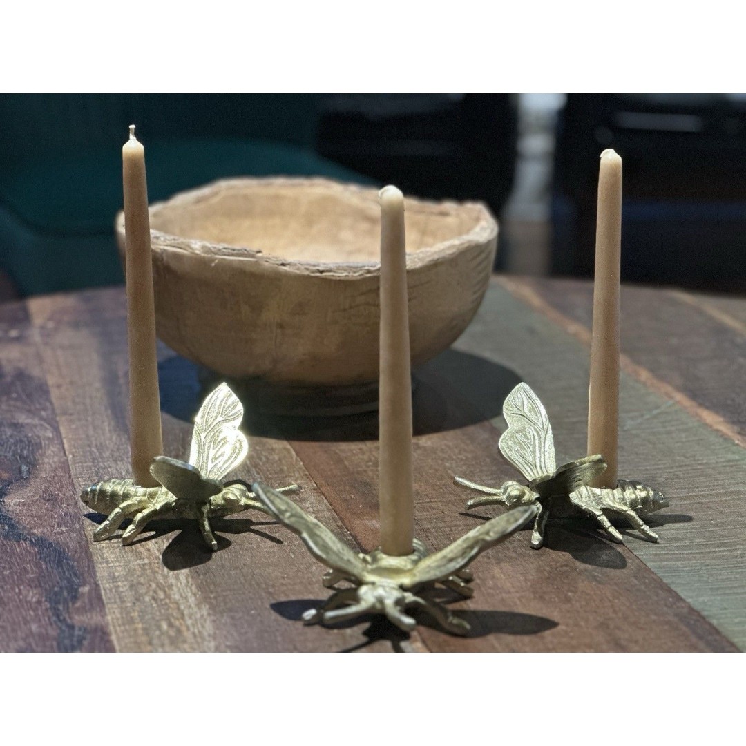 Vintage Brass Bee Taper Candle Holders – Set of 3 – Insect Decor – Boho Gold