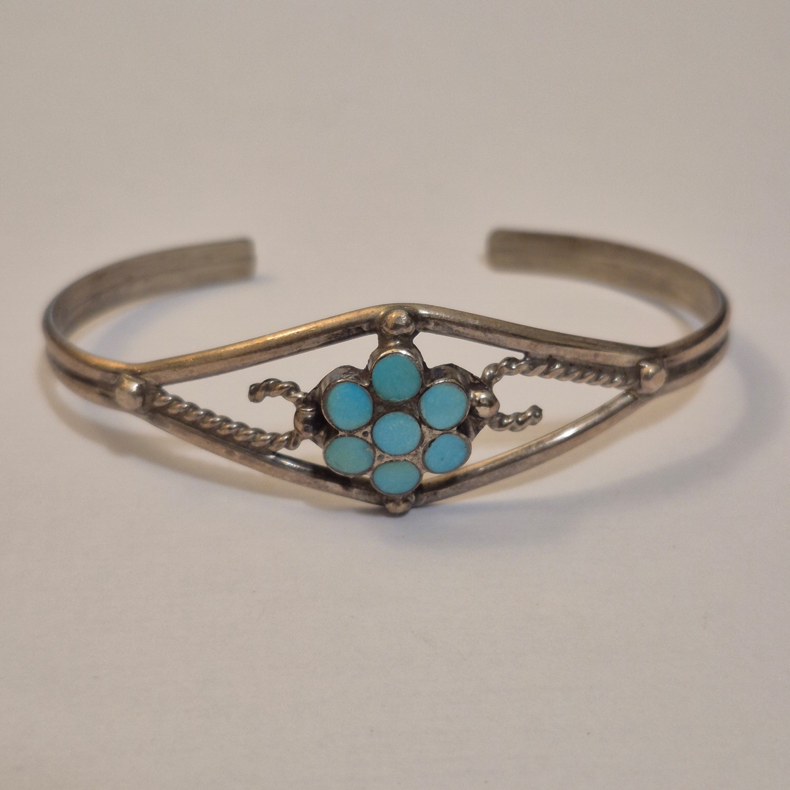 Signed R.E. Zuni Sterling Silver Turquoise Cluster Petit Point Cuff Bracelet