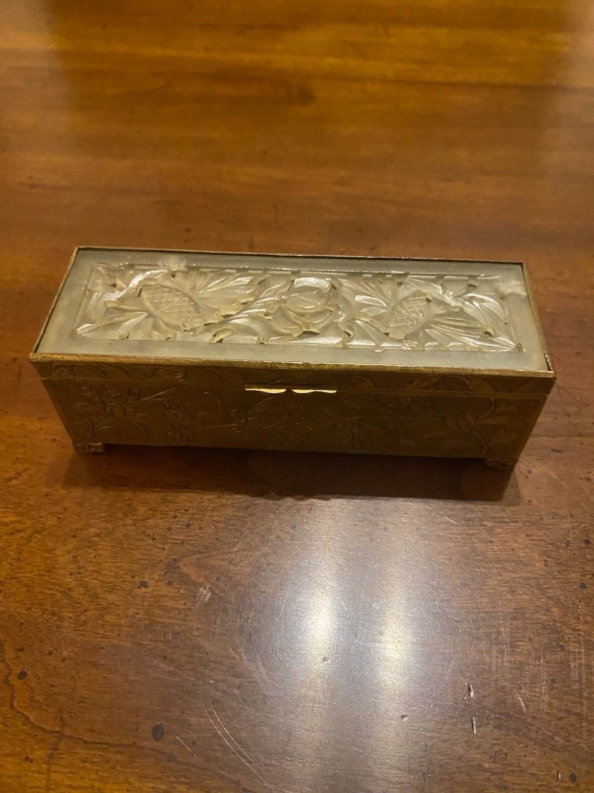 Antique Chinese Carved White Jade Lid 3-Section Brass Stamp Box