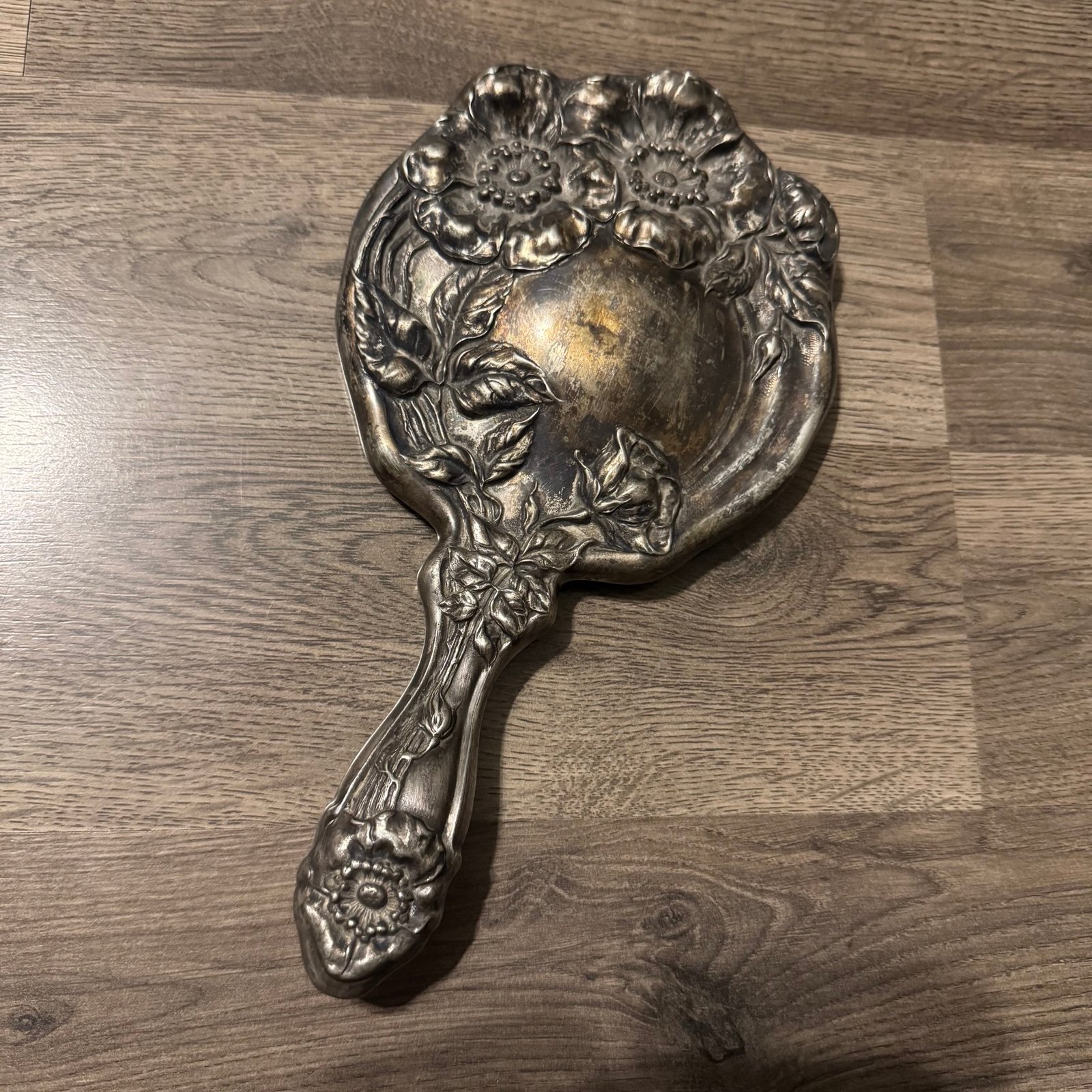 Antique Victorian HopeSilver Co Silver Plated Floral Repousse Vanity Hand Mirror