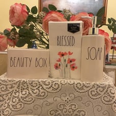 Rae Dunn Bath Accessories BEAUTY BOX, SOAP Dispenser & BLESSED Guest Towels.