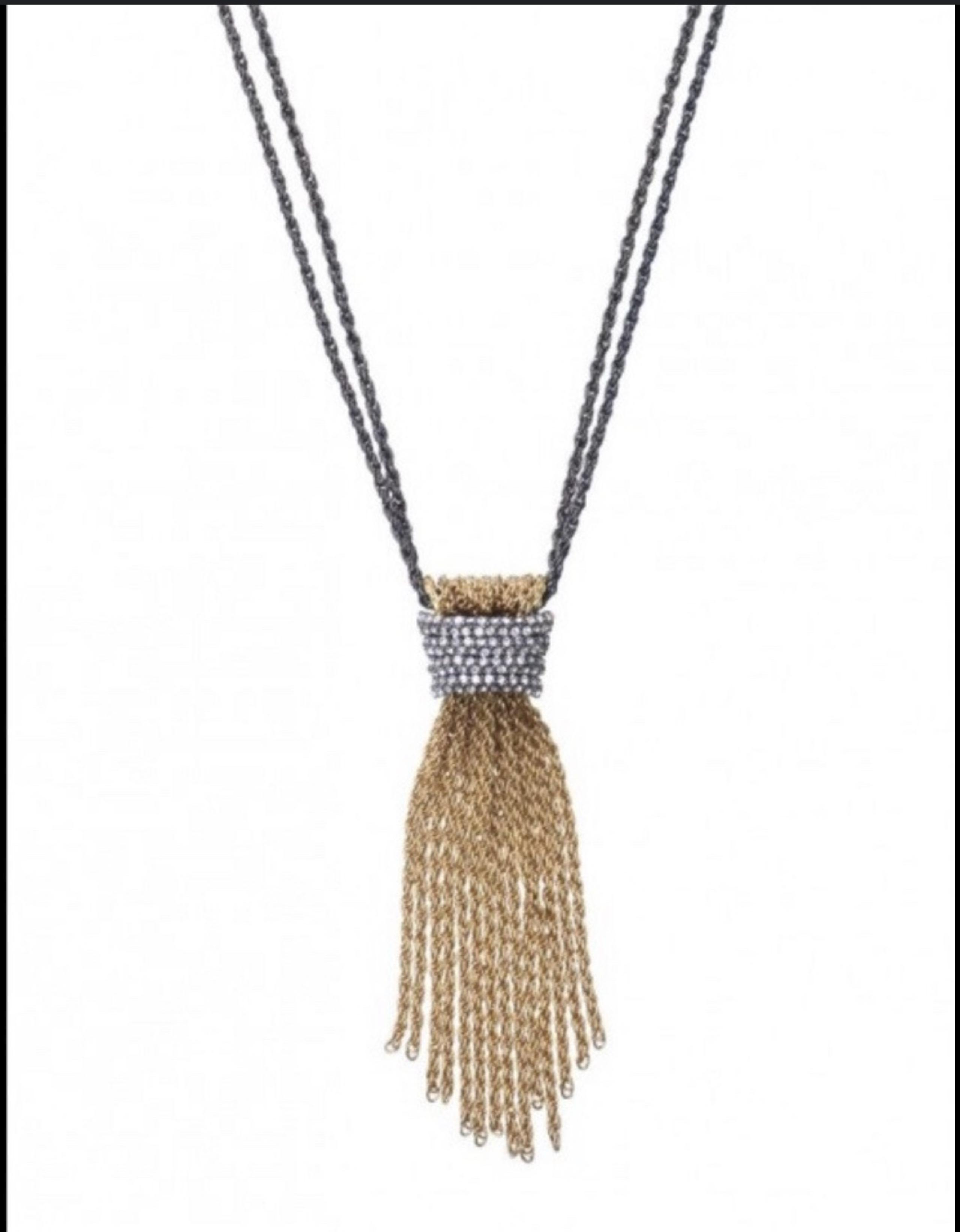 , Windsor Pave Elegant Gold, Silver Tassel Necklace on Black Chain - Stella & Dot