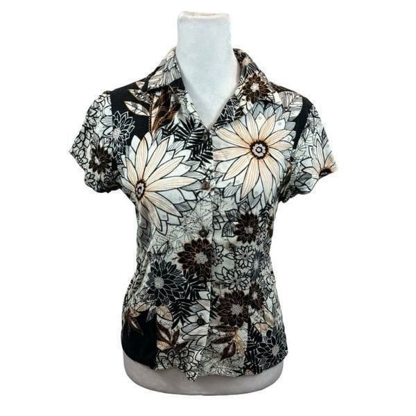 Ladies Vintage Hawaiian Iolani Brand Floral Short Sleeve Button Down Shirt XS