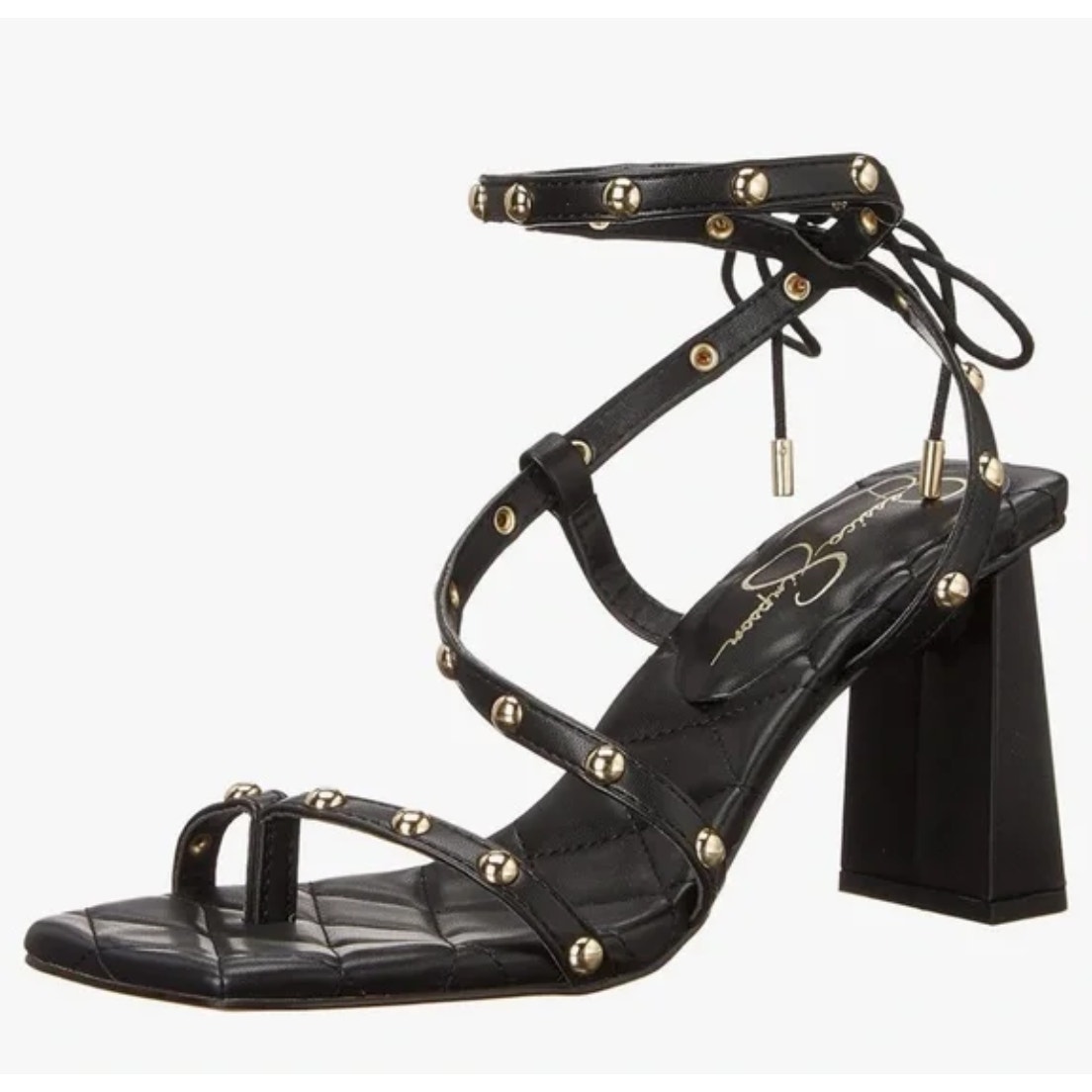 Jessica Simpson Zayve Heels 6 Black NWOT Sandals Gold Stud Square Toe Concert