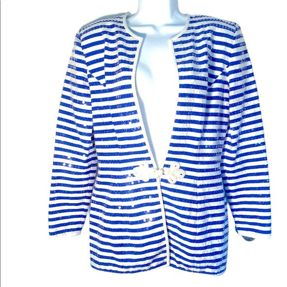 Karen Lawrence Blue & White Sequined Blazer
