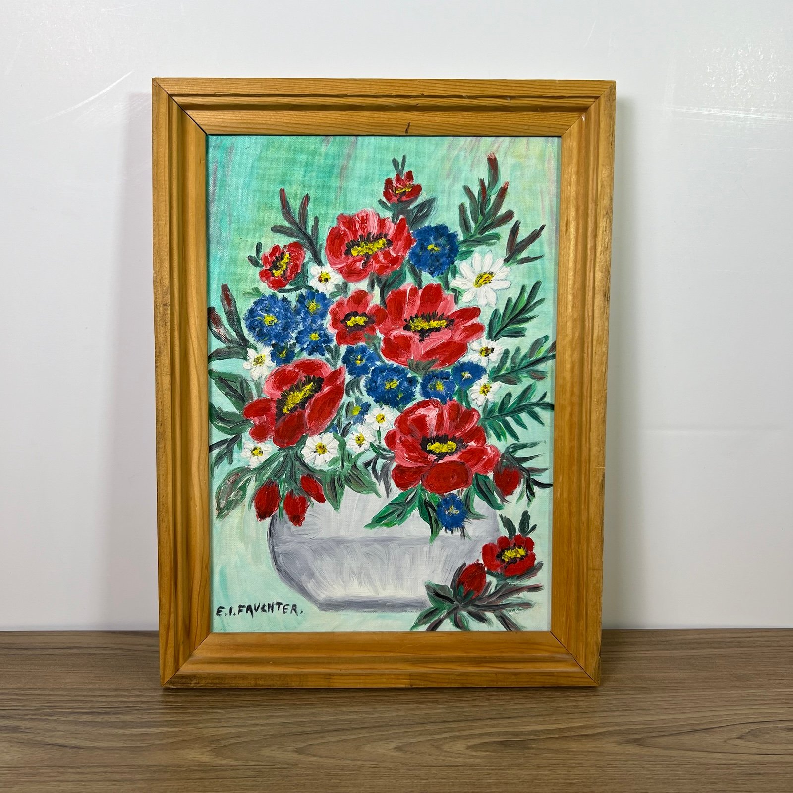 Vintage Framed Oil Painting Signed Still Life Floral Arrangement Blue Red Green