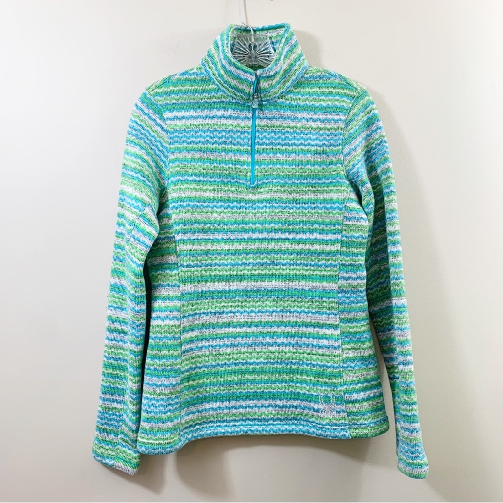 Spyder Striped Knit Fleece Green/Blue/Gray 1/4 Quarter-zip Jacket