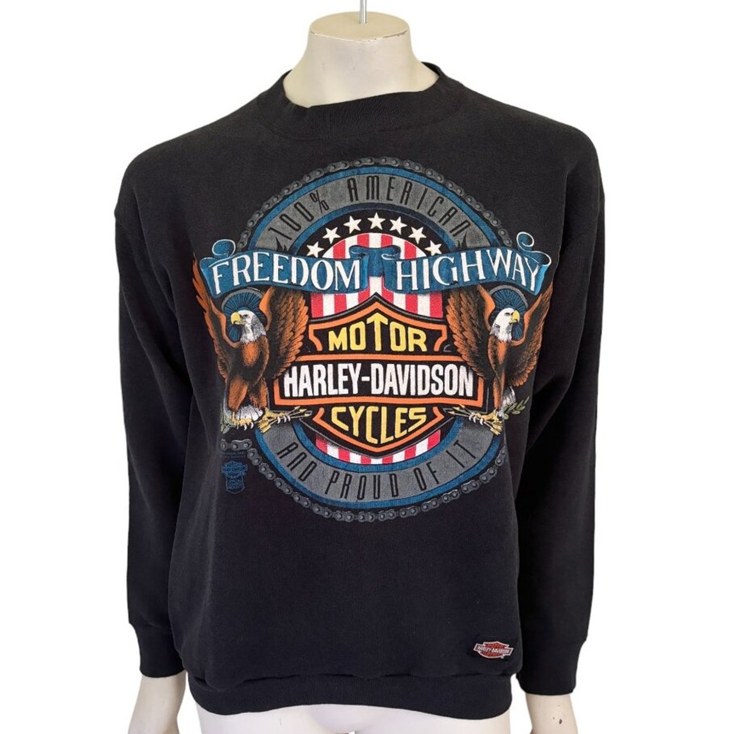 VTG 90s HARLEY DAVIDSON Freedom Highway Sweatshirt in Black WOMEN'S MEDIUM