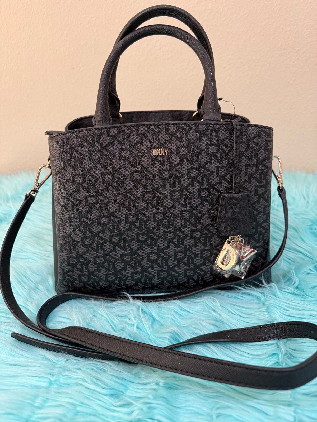 DKNY Paige Black Signature Jacquard Multi Compartments Satchel Handbag Purse New
