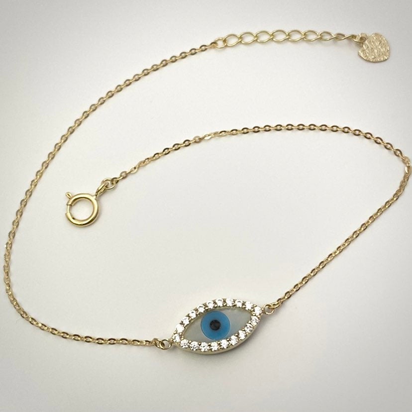14K Solid Gold Diamond Evil Eye Bracelet