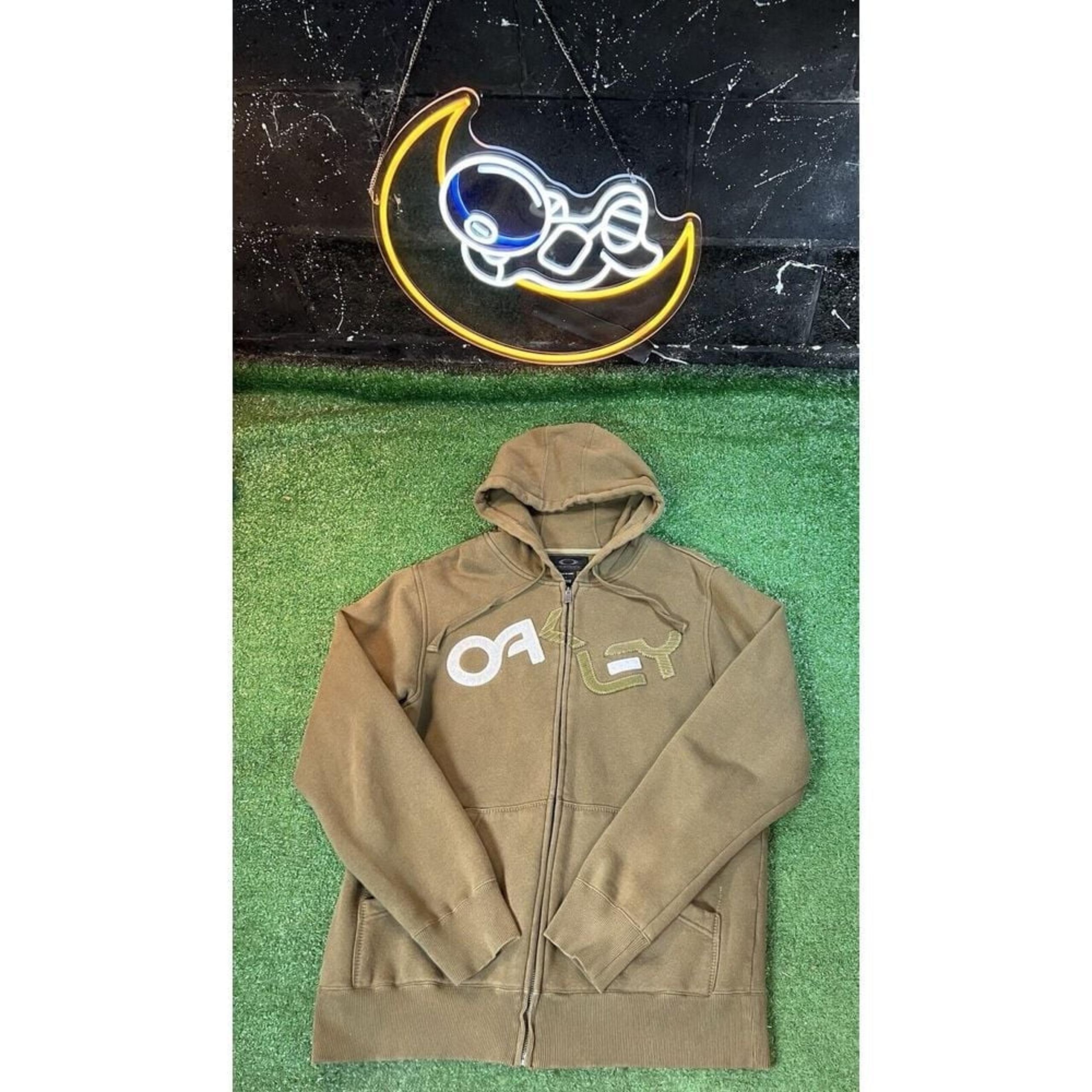 Oakley Hoodie Sweatshirt Men Size Large Olive Athletic Fit Full Zip Puffy Logo