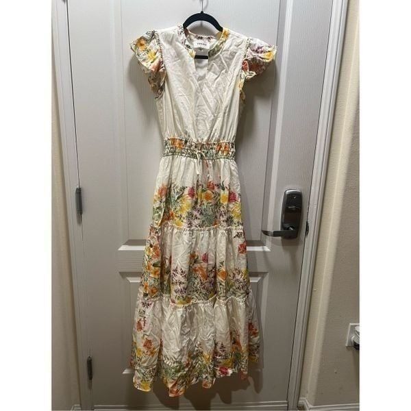 Yumi Kim Floral Tiered Ruffle Organic Cotton Maxi Dress size S Wine Tasting