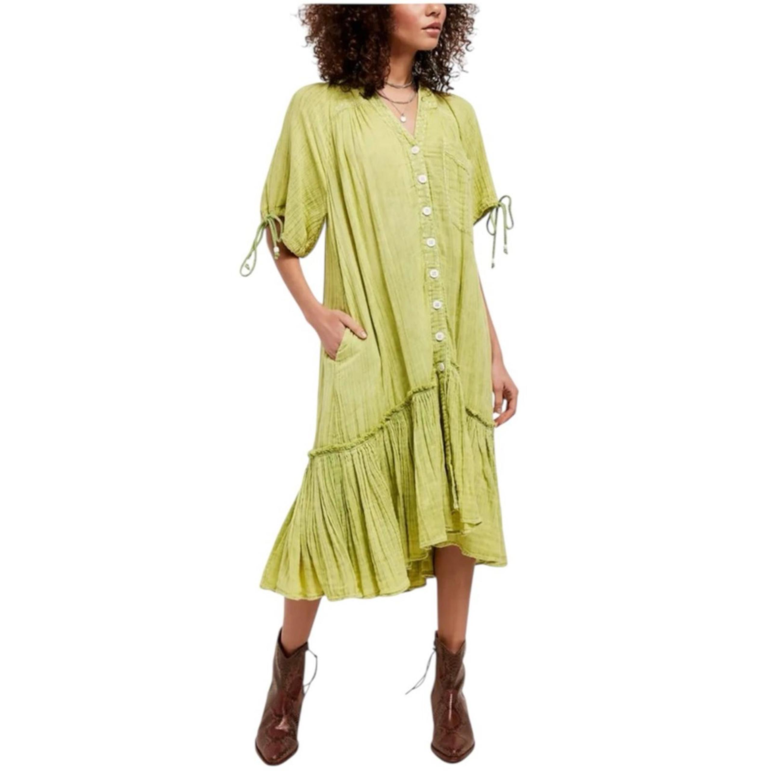 NWT Free People Maya Midi Shirtdress in Green Seam Wash Womens Size XS