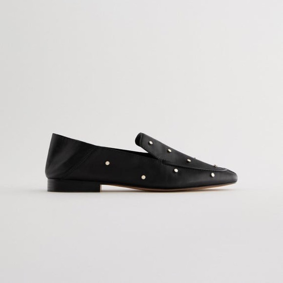 NWOT. Zara Black Leather Studded Shoes/Flats. Size 9.