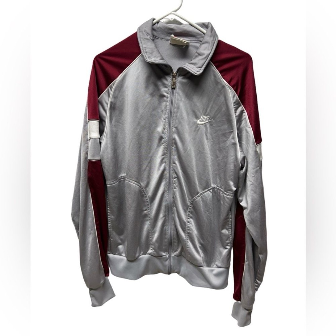 VINTAGE 80s NIKE TRACK JACKET gray burgundy red zipper front size large unisex