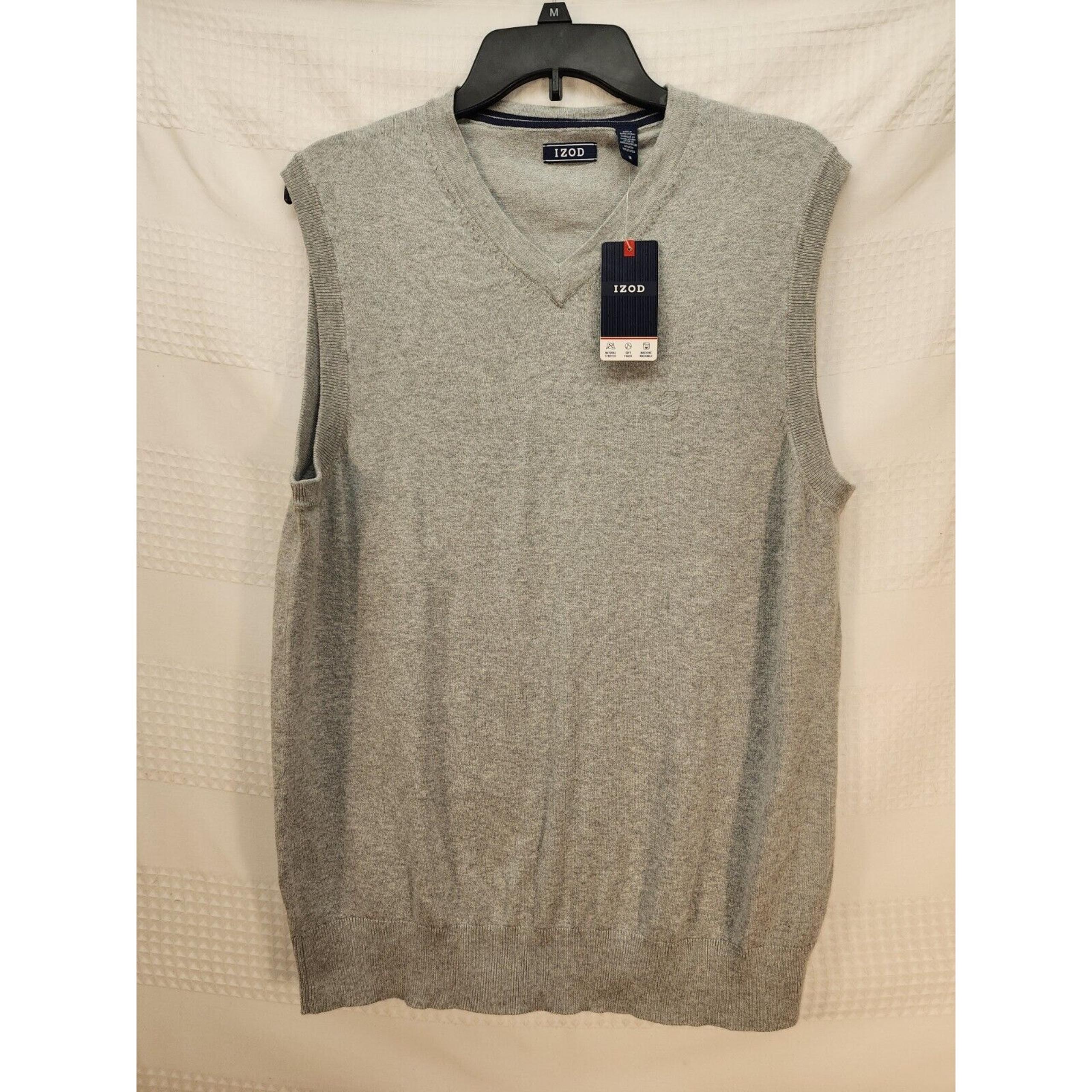 Izod Mens Sweater Vest Size Medium Gray Pull Over Sleeveless Vneck Preppy Dressy