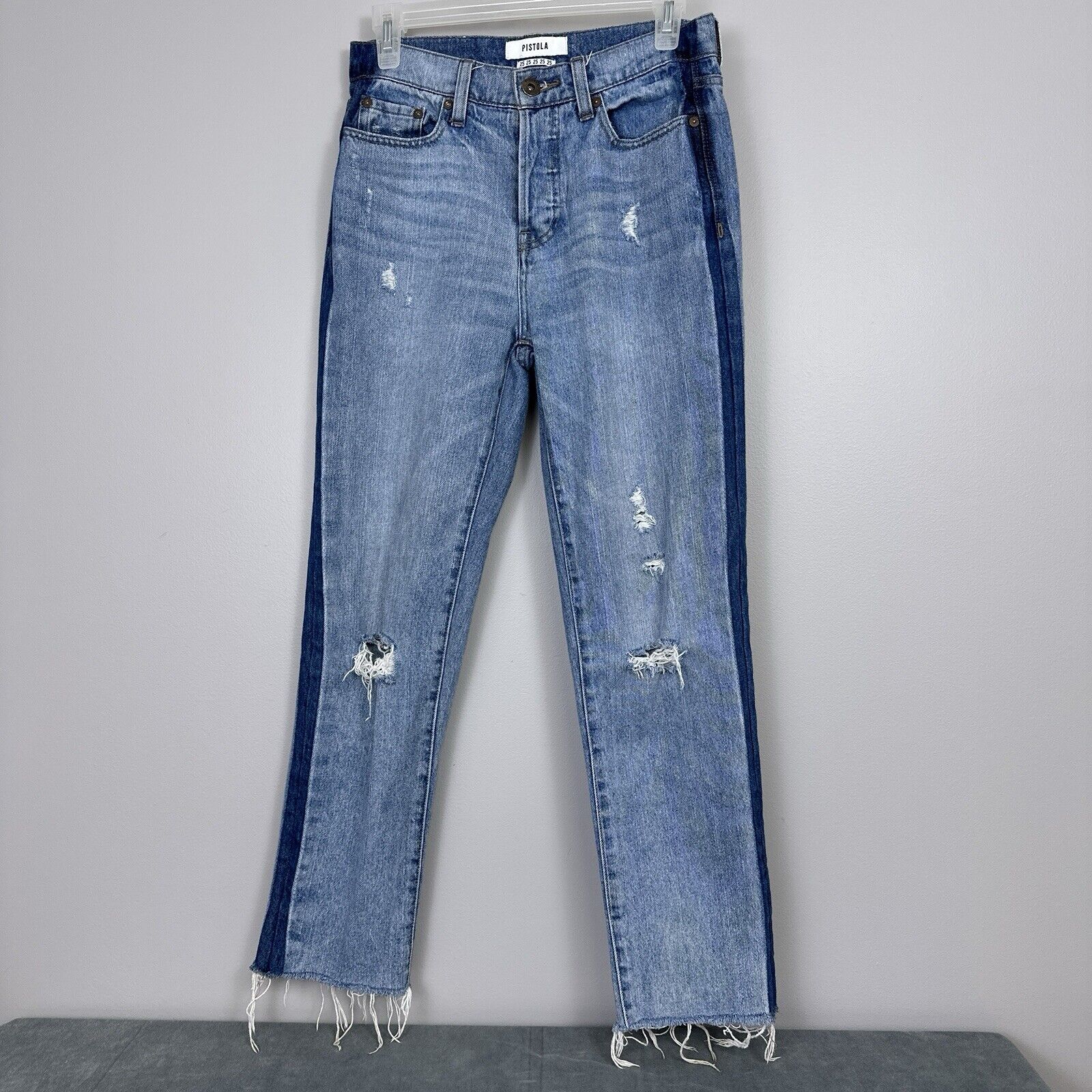 Pistola Charlie High Rise Straight Leg Jeans Size 25 Raw Hem Tonal Tuxedo Stripe